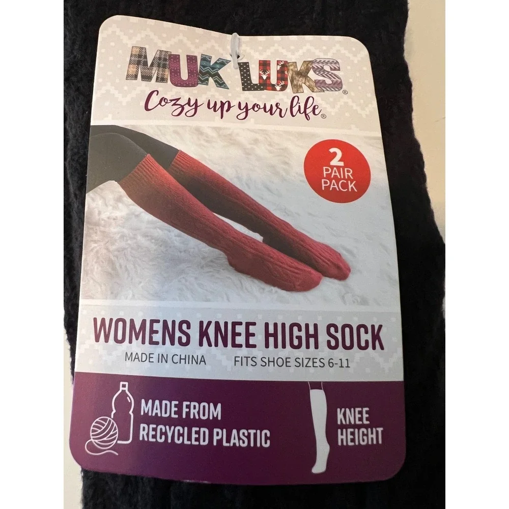 Muk‎ Luks Womens Knee High Socks 2 Pair Pack Black Cable Knit Shoe Size 6-11